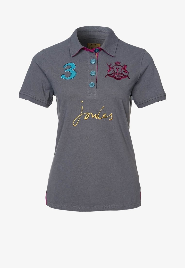 Gray polo shirt made of cotton, featuring a three-button placket, embroidered logo, and gold lettering. Accents in turquoise and magenta.