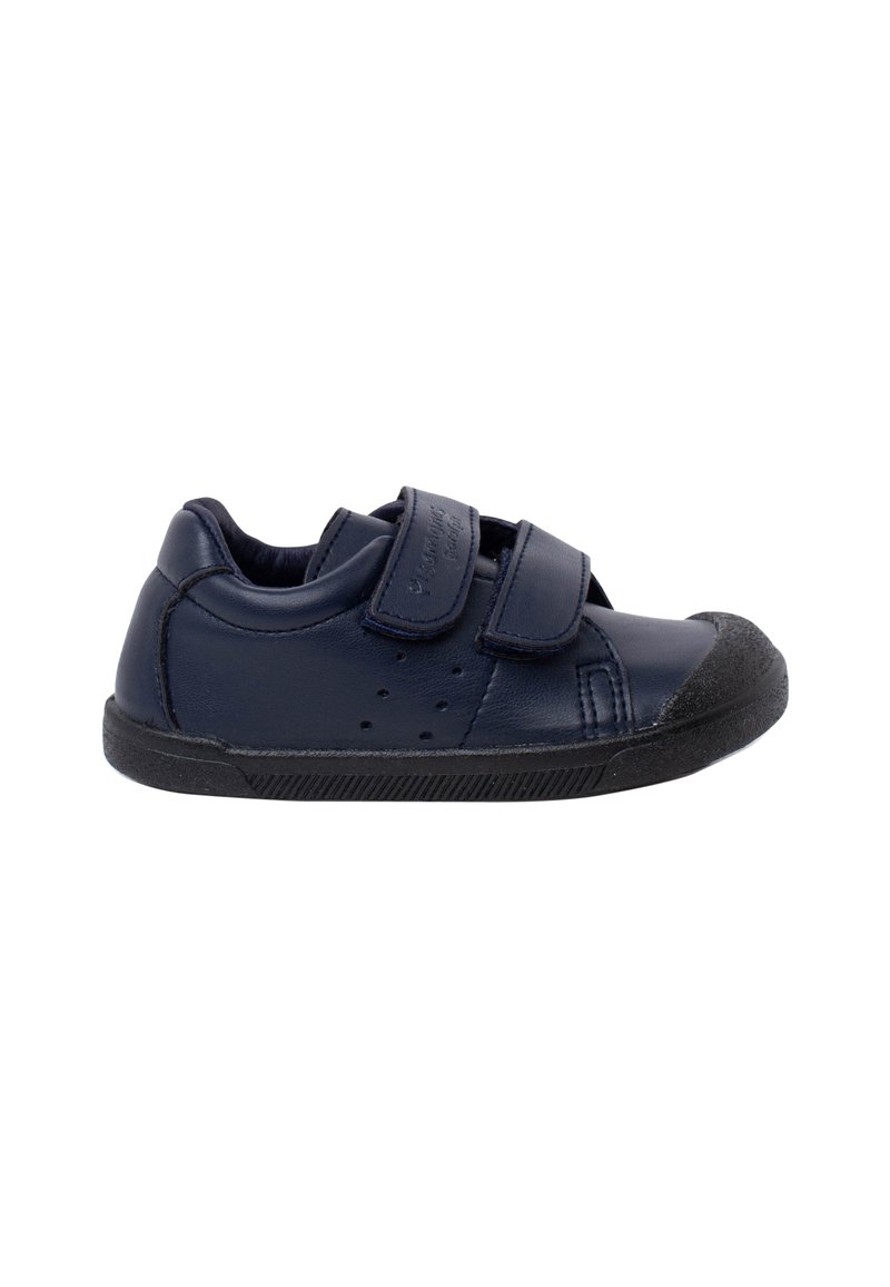Navy blue children's shoe made of smooth leather with two Velcro straps. Features a black rubber toe cap and textured sole for grip.