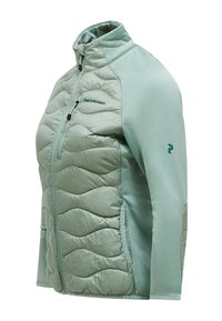 Light green jacket with a quilted design on the front, soft fabric. Features a high collar and zippered side pockets. Logo on chest.