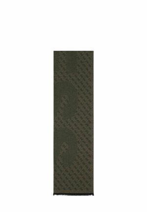 Sciarpa verde scuro con motivi paisley e geometrici sottili e estremità frangiate.
