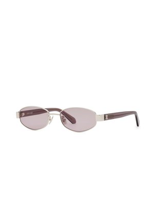 Slim oval sunglasses with purple-tinted lenses and silver metal frames, featuring dark purple arms with a small decorative emblem.