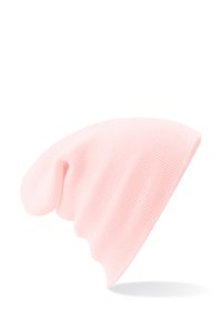 Pink knit beanie with a snug fit, featuring ribbed texture and slight slouch. Soft fabric with no visible patterns or hardware details.