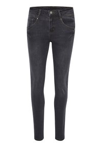 Jean skinny en denim foncé avec une coupe ajustée, poches avant avec des accents de couture et une fermeture à glissière avec un bouton unique.