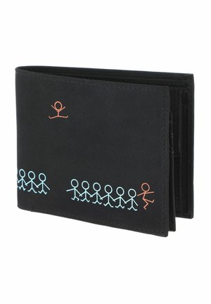 Black bifold wallet with blue and orange stick figure designs along the bottom and upper left corner.