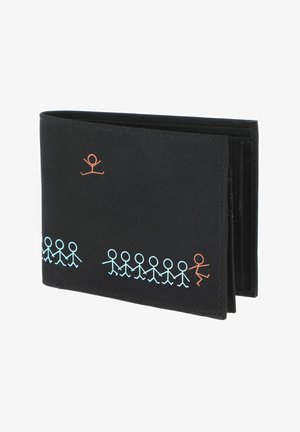 Schwarze Bifold-Geldbörse mit blauen und orangefarbenen Strichmännchen-Designs am unteren Rand und in der oberen linken Ecke.