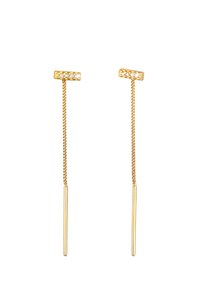 Goldohrringe mit einem Kettendesign. Jeder Ohrclip verfügt über eine rechteckige Oberseite mit fünf klaren Steinen, die zu einem schlanken goldenen Stick führen.