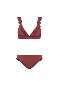 Twee-delige bikini set in een rijke bordeauxrode kleur. De top heeft geschulpte schouderbandjes en een diepe V-hals; de onderkant heeft bijpassende geschulpte accenten. Gladde textuur.