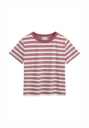 Korte mouw t-shirt met ronde hals en horizontale bordeauxrode en witte strepen, gemaakt van lichtgewicht stof, maat medium.