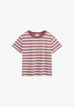 Korte mouw t-shirt met ronde hals en horizontale bordeauxrode en witte strepen, gemaakt van lichtgewicht stof, maat medium.