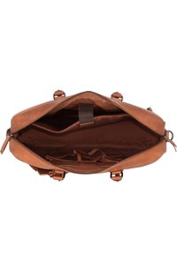 Borsa in pelle marrone con chiusura a zip, dotata di un ampio interno, due scomparti e una cinghia organizer. Texture liscia e design robusto.