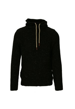 Suéter de punto negro con un cuello alto tipo embudo, que presenta un cordón de dos tonos y puños y dobladillo acanalados. Tejido texturizado con acentos moteados.