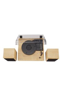 Wooden turntable with a transparent cover, black platter, and tonearm, accompanied by two cube-shaped speakers with black accents.