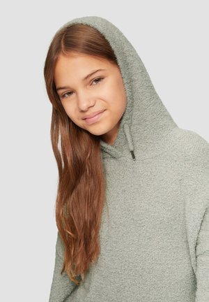 Jasnozielona bluza z kapturem z materiału polarowego o fakturowanym wykończeniu, z kapturem i sznurkiem. Miękki, przytulny materiał, idealny na codzienny strój.