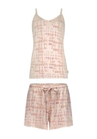 Dames twee-delige pyjama set in lichtroze, met een mouwloze top met kantafwerking en bijpassende shorts met een elastische tailleband en koord.