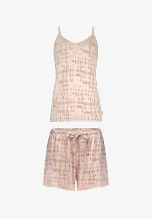 Dames twee-delige pyjama set in lichtroze, met een mouwloze top met kantafwerking en bijpassende shorts met een elastische tailleband en koord.