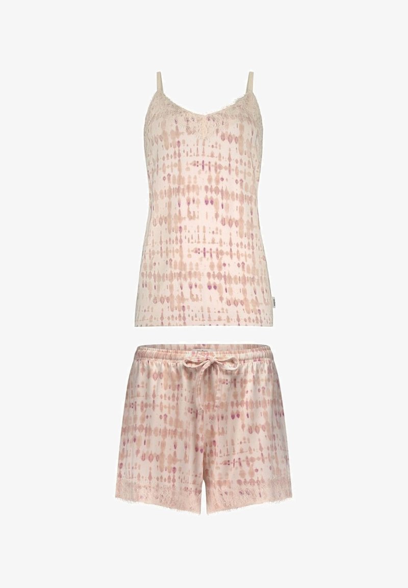 Dames twee-delige pyjama set in lichtroze, met een mouwloze top met kantafwerking en bijpassende shorts met een elastische tailleband en koord.