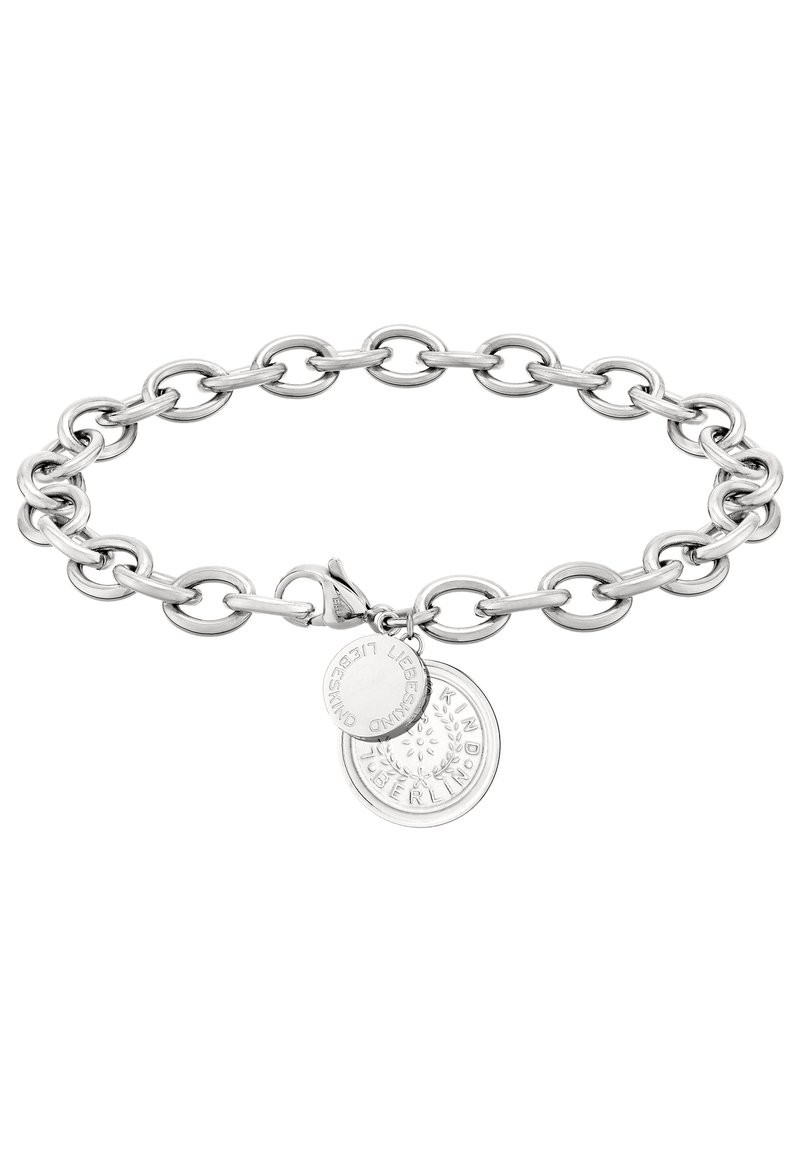 Braccialetto in argento con maglie ovali intrecciate, chiusura a gancio e due pendenti circolari con design in rilievo.