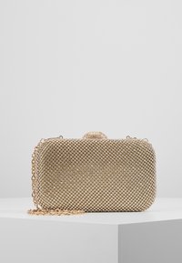 Pochette dorata coperta da piccoli strass scintillanti; forma rettangolare con tracolla a catena e chiusura superiore a scatto.