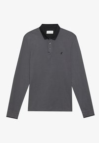 Gray long-sleeve polo shirt with a black collar, three-button placket, embroidered logo on the chest, and contrasting cuff details.