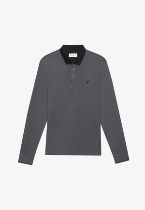 Gray long-sleeve polo shirt with a black collar, three-button placket, embroidered logo on the chest, and contrasting cuff details.