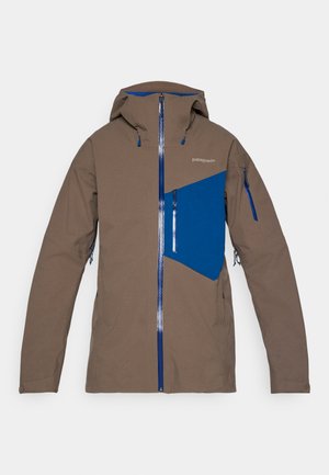 Brūns jakas ar zilu akcentu kreisajā krūtī, ar priekšējo rāvējslēdzēju, regulējamu kapuci un sānu rāvējslēdzēju kabatām. Izgatavota no teksturēta auduma.