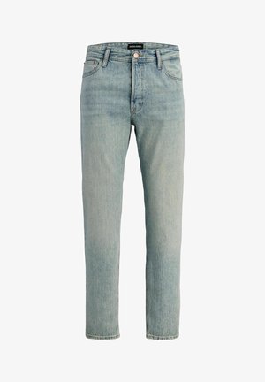 Lyseblå straight-leg denimjeans med knap- og lynlåslukning, fem-lomme-design og Jack & Jones-mærkat på taljebåndet.