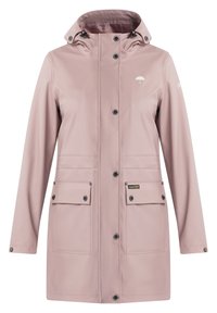 Manteau imperméable rose avec capuche, boutons-pression et deux poches avant. Éléments métalliques noirs et logo discret sur la poitrine. Texture lisse.