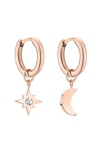 Orecchini a cerchio in oro rosa con ciondolo a stella e un ciondolo a luna crescente, entrambi pendenti da spesse orecchie a cerchio su sfondo bianco.