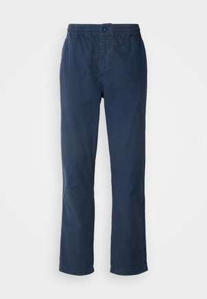 Navy blue pants with an elastic waistband and a button closure, straight-leg design, made from lightweight, smooth fabric, no visible patterns.