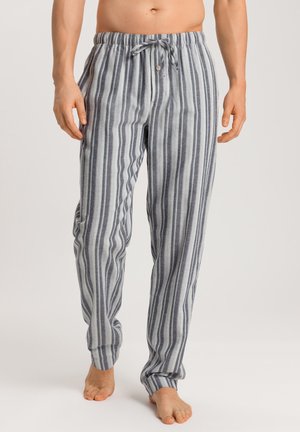 Katoenen pyjamabroek met een blauw-wit verticale streep patroon, voorzien van een elastische tailleband en trekkoord, in een losse pasvorm.