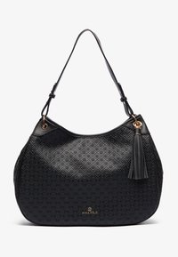 Borsa a tracolla in pelle nera con motivo, manico regolabile, dettagli dorati e un nastro decorativo, con logo Anna Field.