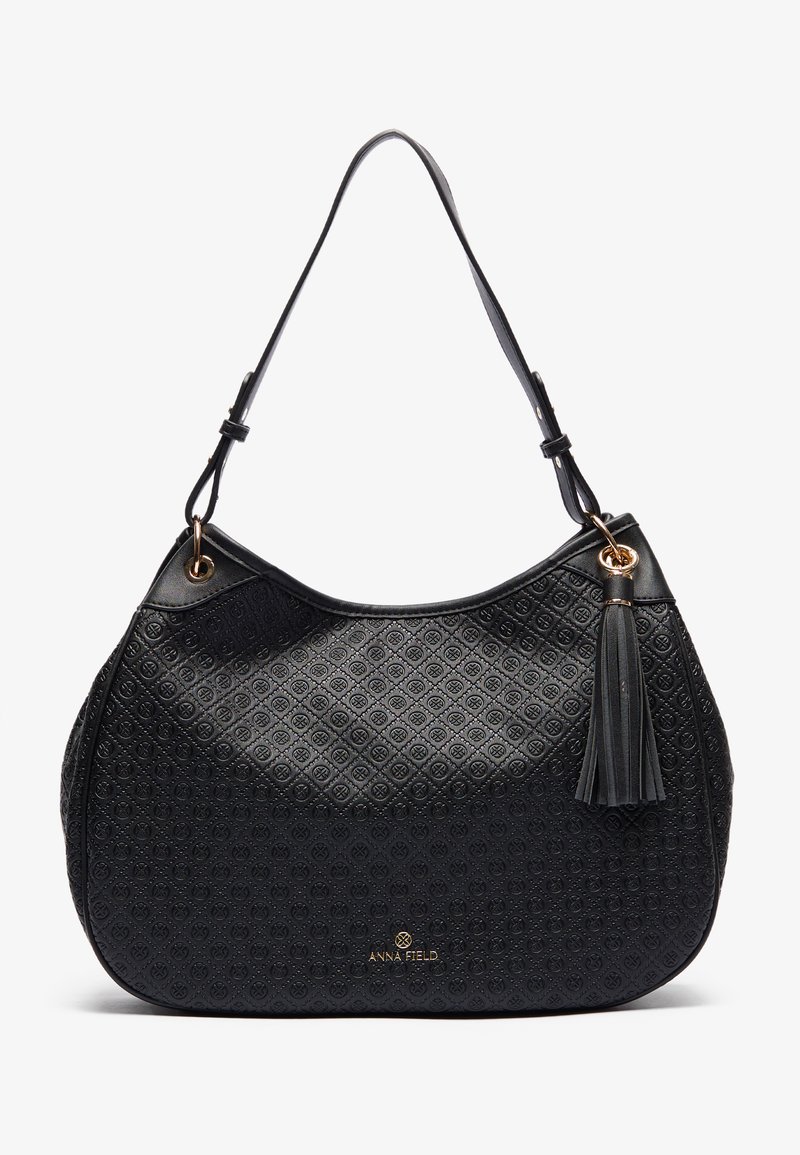 Borsa a tracolla in pelle nera con motivo, manico regolabile, dettagli dorati e un nastro decorativo, con logo Anna Field.