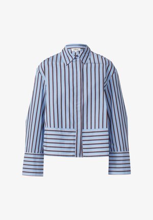 Gestreept shirt in lichtblauw met donkerbruine verticale strepen, met een kraag, lange mouwen en voorkruiszakken. Soepele katoenstof.