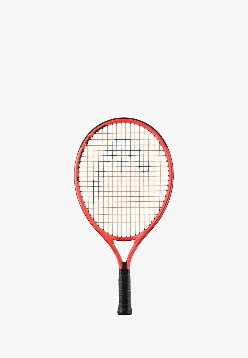 Rode tennisracket met een ronde kop, zwarte accenten en een gestructureerde griphandgreep, met een verweven snaarpatroon.