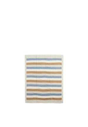 Knitted square blanket with horizontal stripes in beige, light blue, and cream colors.