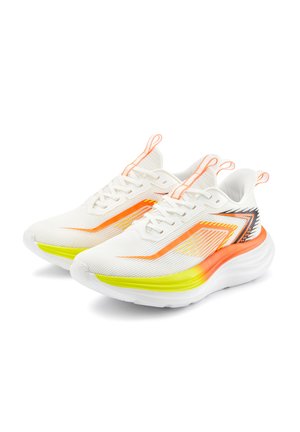 Pair of white athletic shoes with orange, yellow, and black accents, mesh upper, thick cushioned soles, and pull tabs on tongue and heel.