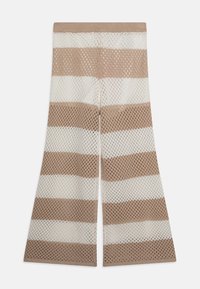 Strikkede vide bukser med mesh tekstur og vekslende striper i lysebrun og hvit, fullført med en solid linning.
