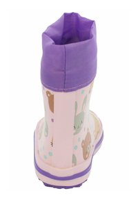 Botte de pluie en caoutchouc rose avec un revers violet, ornée de motifs d'animaux dans des couleurs pastel, texture lisse et semelle violette avec un motif de grip.