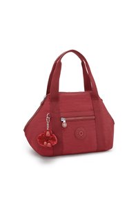 Red fabric handbag with a rounded design, featuring dual handles and a front zip pocket. Includes a hanging plush monkey keychain and embossed logo.