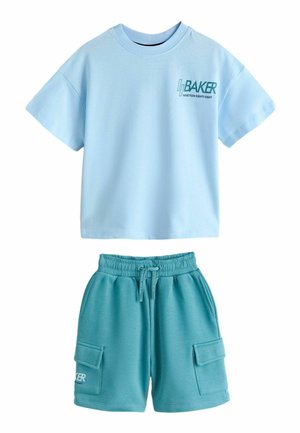 Light blue short-sleeve T-shirt with "BAKER NINETEEN EIGHTY EIGHT" text and teal cargo shorts with drawstring waist and side pockets.