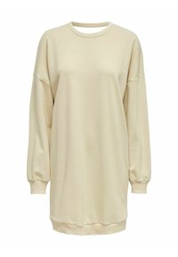 Vestido de moletom bege com mangas longas e largas e punhos canelados. Textura suave, gola redonda e a bainha ligeiramente curvada. Design simples.