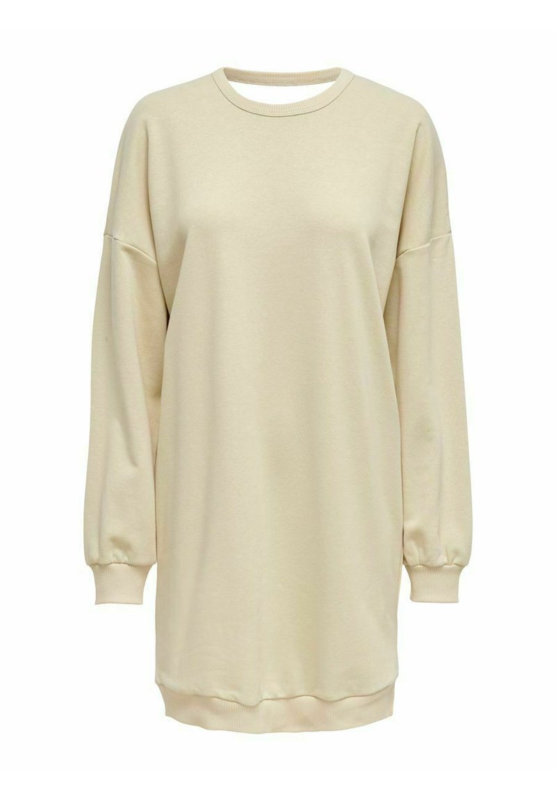 Vestido de moletom bege com mangas longas e largas e punhos canelados. Textura suave, gola redonda e a bainha ligeiramente curvada. Design simples.