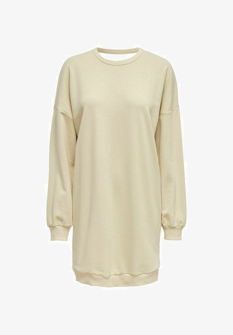 Vestido de moletom bege com mangas longas e largas e punhos canelados. Textura suave, gola redonda e a bainha ligeiramente curvada. Design simples.