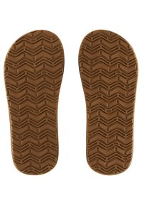 Semelles de chaussure en caoutchouc marron avec un motif de bande de roulement en zigzag, conçu pour l'adhérence. Présente des bords arrondis et des surfaces lisses.