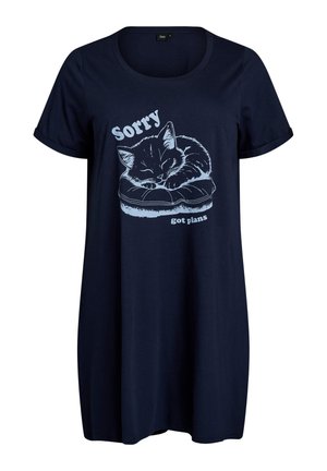 Granatowy bawełniany T-shirt o luźnym kroju, z okrągłym dekoltem, krótkimi rękawami i nadrukiem śpiącego kota oraz napisem „Sorry, mam plany.”