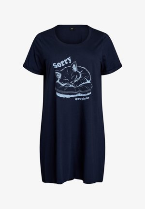 Tumesinise värvi puuvillane T-särk lahtise lõikega, ümar kaelus, lühikeste varrukatega ja trükiga magavast kassist tekstiga "Vabandust, on plaane."