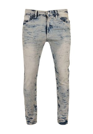 Fakó kék farmernadrág, slim fit szabással, kopott hatású textúrával és diszkrét mintázattal. Öt zsebes kialakítás, klasszikus gombzárral.