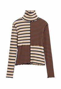 Pikkade varrukatega soonikkoes kaelusega t-särk, millel on värvidega laotud horisontaalsed triibud beežis, mustas, valges ja pruunis, mansettidel ja hemil lainelised servad.