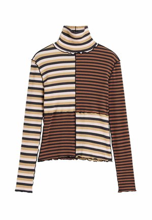 Fijngebreide top met lange mouwen en col, voorzien van horizontale strepen in beige, zwart, wit en bruin, met golvende randen aan manchetten en zoom.