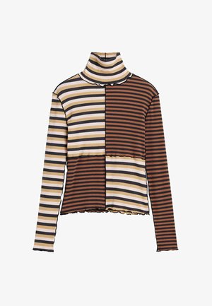 Maglia a maniche lunghe con collo alto a coste e strisce orizzontali color-block in beige, nero, bianco e marrone, con bordi ondulati su polsini e orlo.